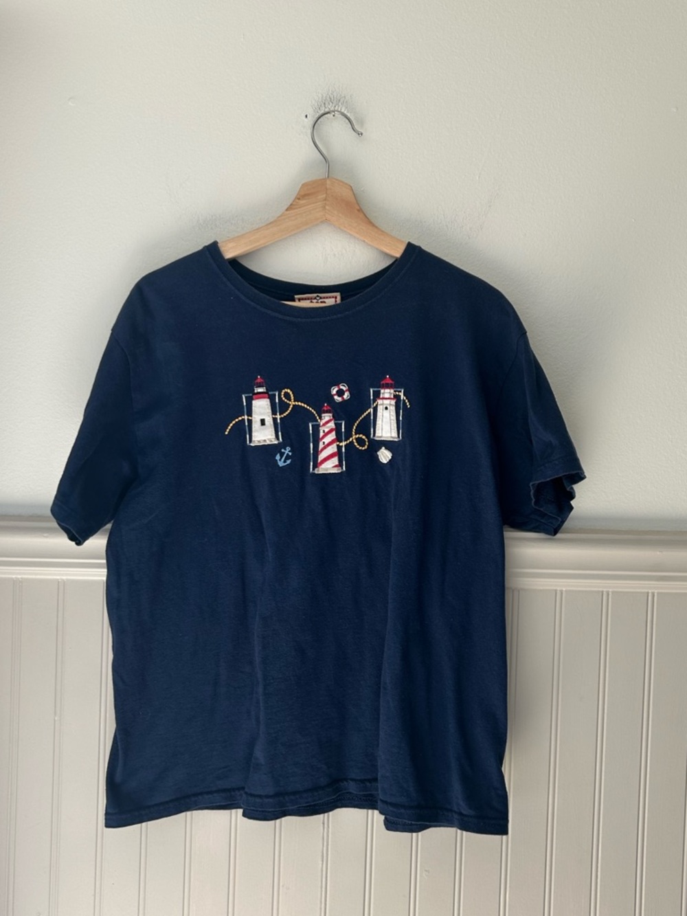 Top Stitch Morning Sun Petite Large Navy Lighthouse Embroidered Short Sleeve Tee